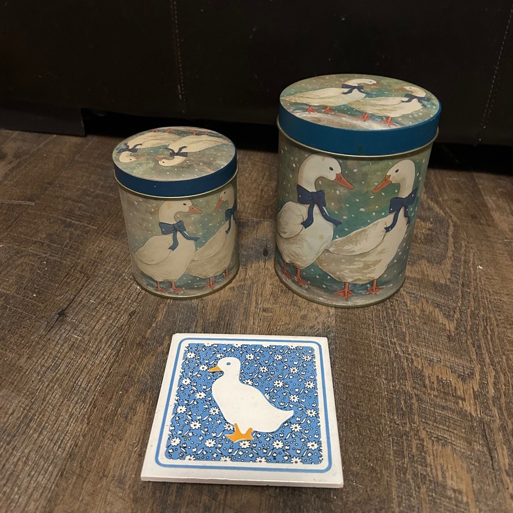 Vintage Country Goose Kitchen Set 2 Metal Tins and 1 Ceramic Trivet Blue Ribbon